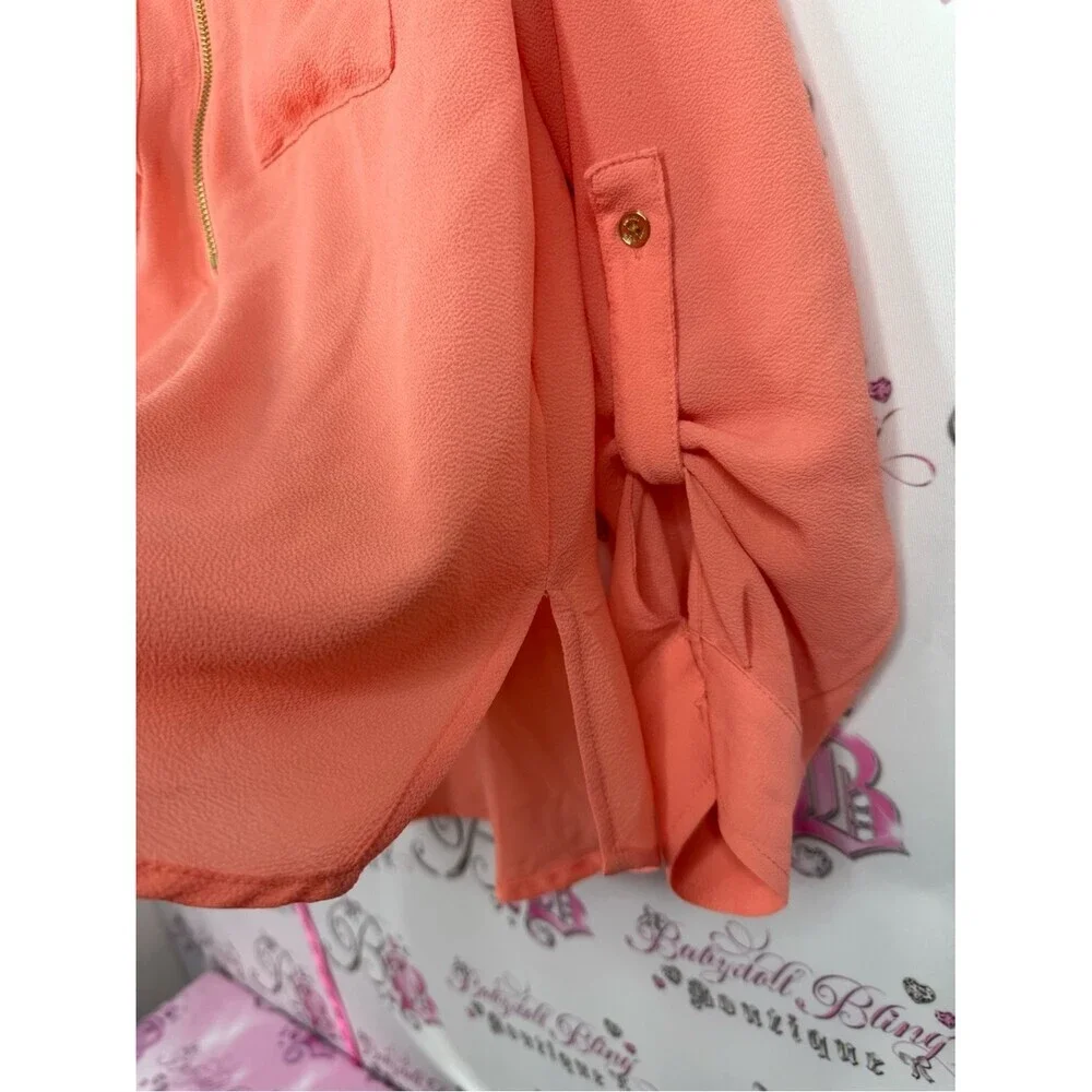 Michael Kors blouse charm zip pull Coral Zip-Front Long Sleeve Blouse